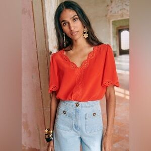 Sezane Red Eyelet-Trim V-Neck Blouse